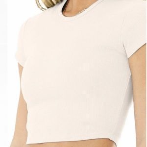 Alo Ribbed Short Sleeve Crop Top in Bone